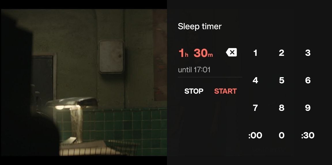 The sleep timer panel showing 1h 30m, the words until 17:01, STOP and START, and a VLC-style keypad with :00 and :30 keys.